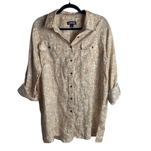 Lands End Size 14 Pure Linen Button Down Shirt Tropical Print Neutral Tan Beach